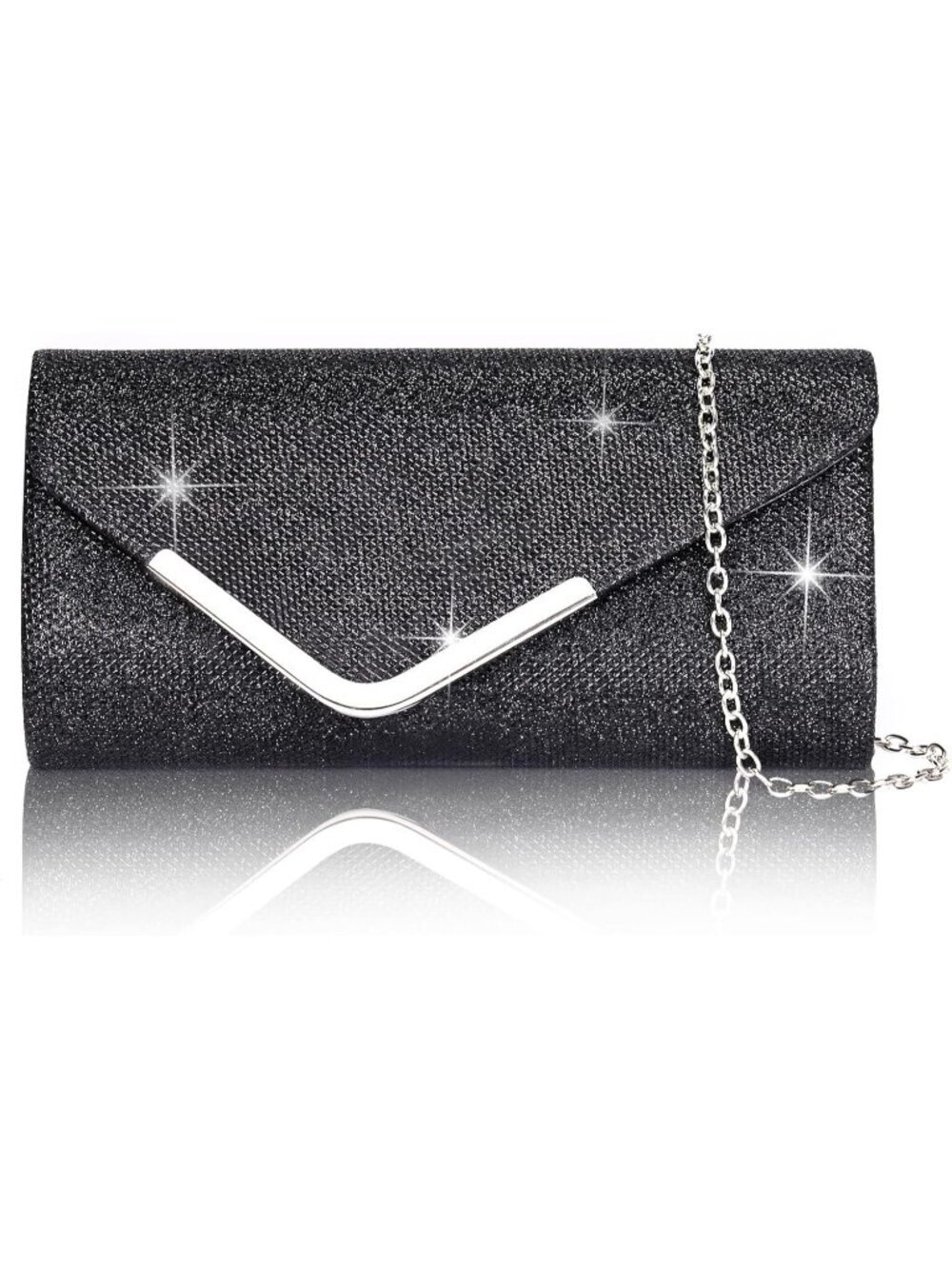 Women's Evening Bag w/Chain Envelope Shoulder Black3 Crossbody Handbags Sparkly